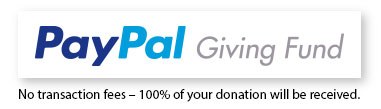 White rectangle with text "PayPal Giving Fund', Paypal logo in two shades of blue