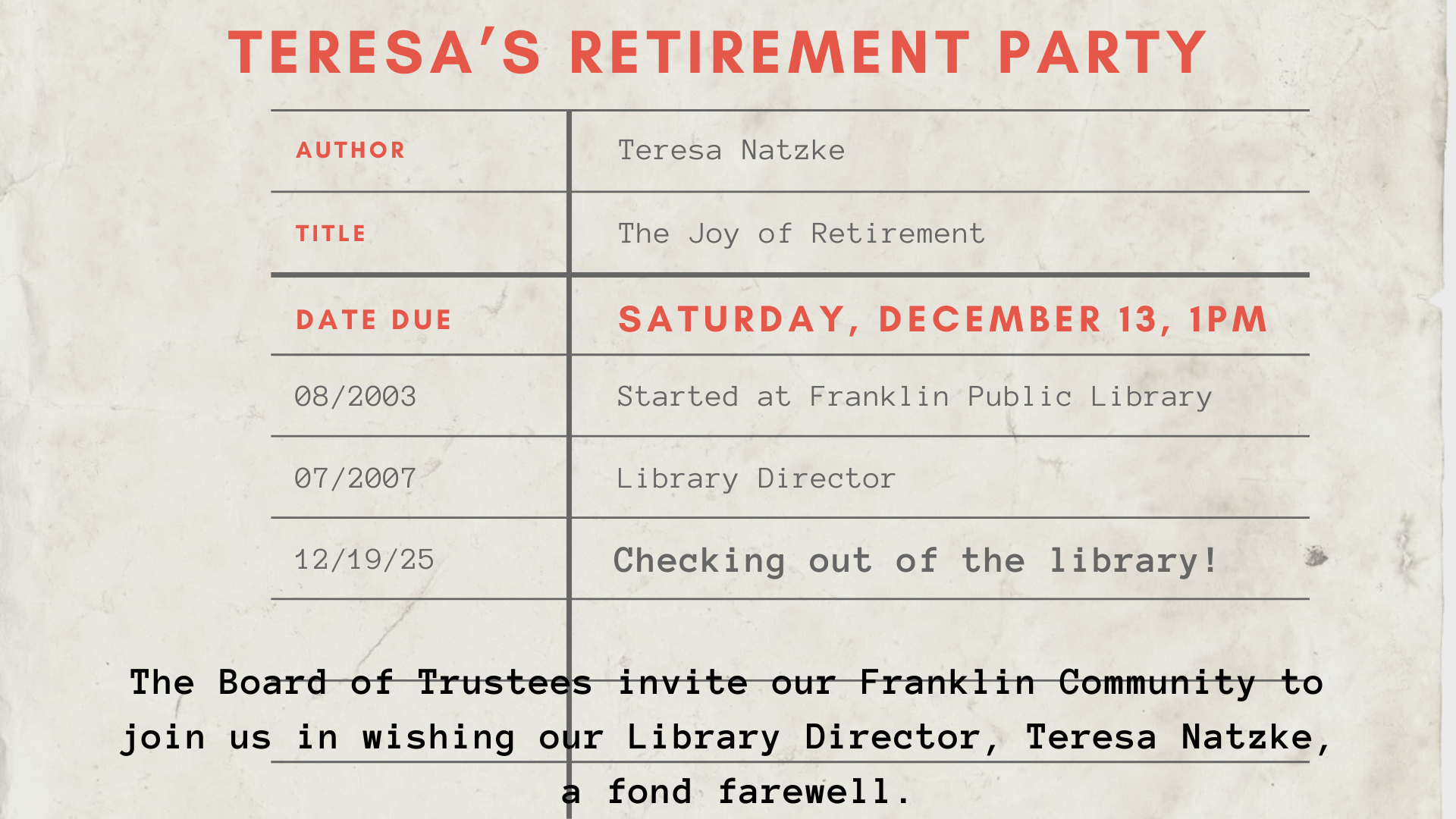 Teresa's Retirement Party Library card old-style with text