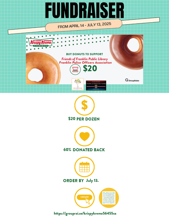 Donuts, dates and text "fundraiser Krispy Kreme donuts'