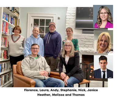 6 people posing in library plus three in ID pictures