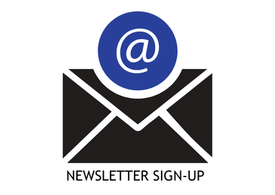 Blue envelope with blue @ sign and text "sign up for the library eNewsletter"