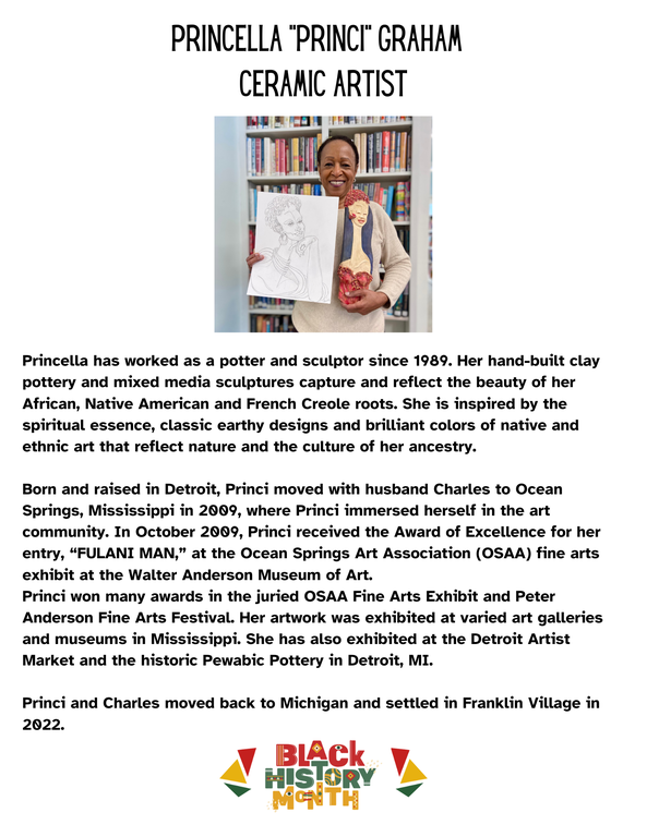 Prince Graham Woman holding ceramics, long text about her resume