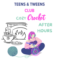 Gilr crocheting in front of fireplace witj cup of tea