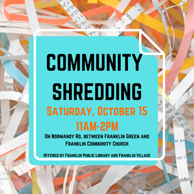 Blue square with title "Community Shredding" om colorful shredded paper