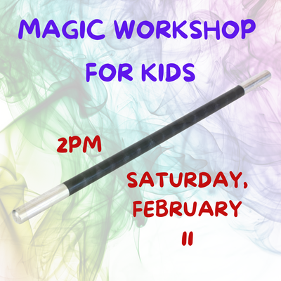Black magic wand on colored fumes with text in purple and red