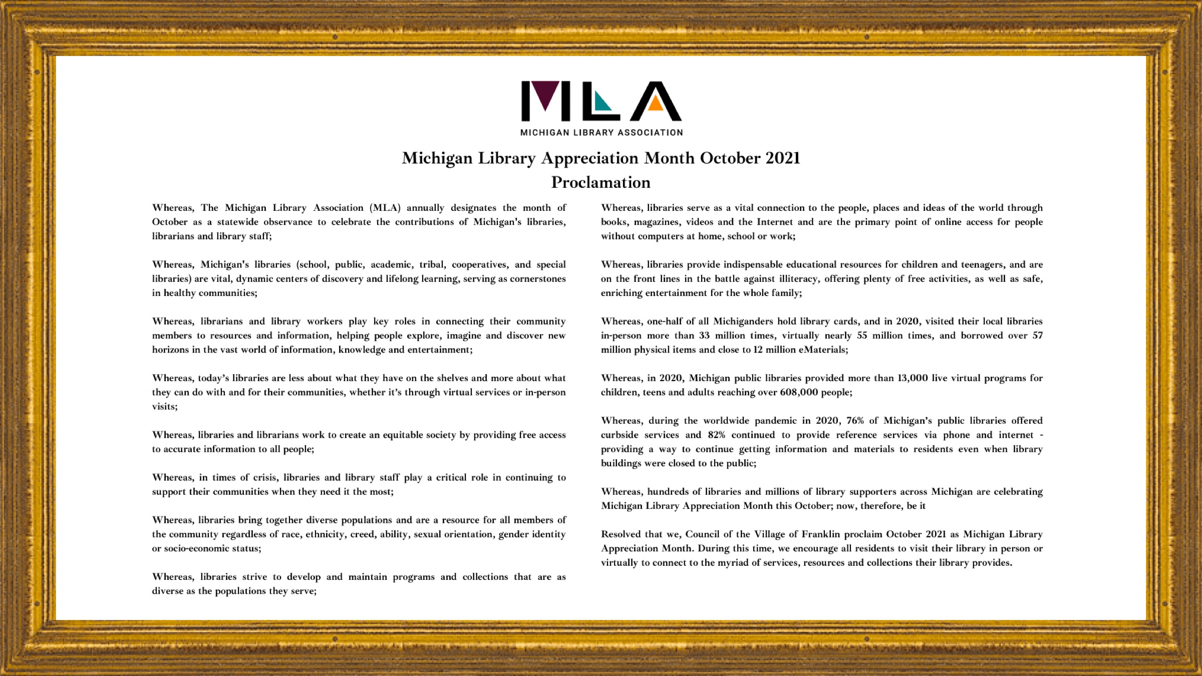 Michigan Libraries Appreciation Proclamation.JPG