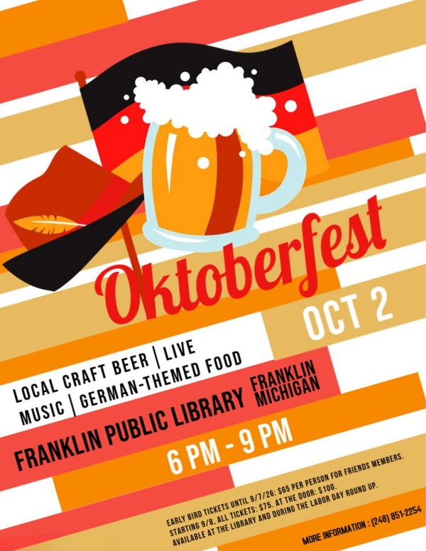 Oktoberfest 2026 basic flyer.png Mug of beer and German flag and hat on orange, beige and red stripes, text "Oktoberfest"