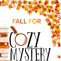 Fall leaves with a fall colored pile of books, title 'fall for cozy mystery'